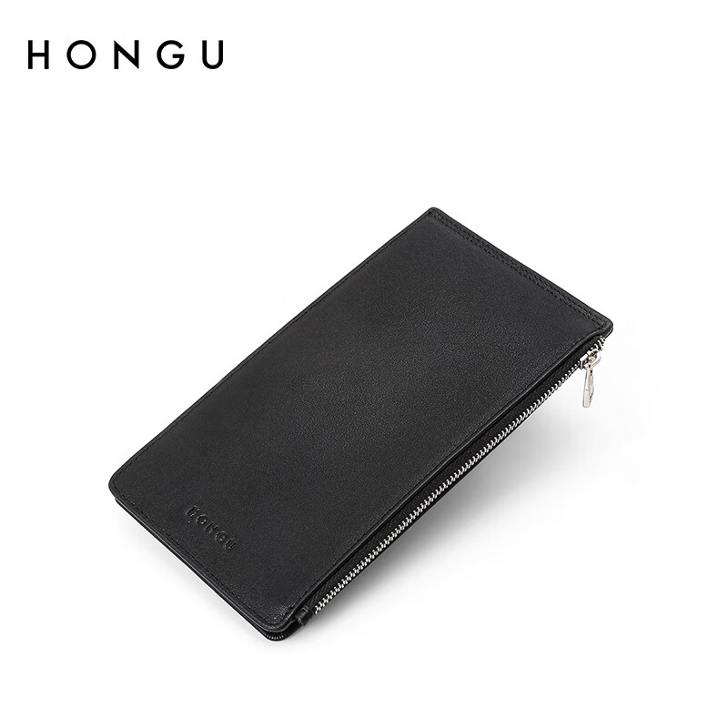 红谷(hongu)钱包男新款牛皮商务青年多功能票夹零钱夹 漆黑