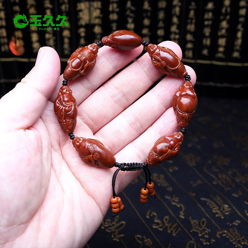 手串六合弥勒佛细长橄榄胡手工雕刻核雕文玩包浆手链男 15*29mm金刚结