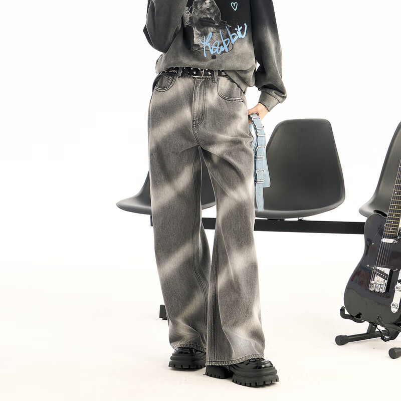 乐町喷色牛仔阔腿裤女23秋冬新款宽松长裤C2HAD4E21 深灰 S