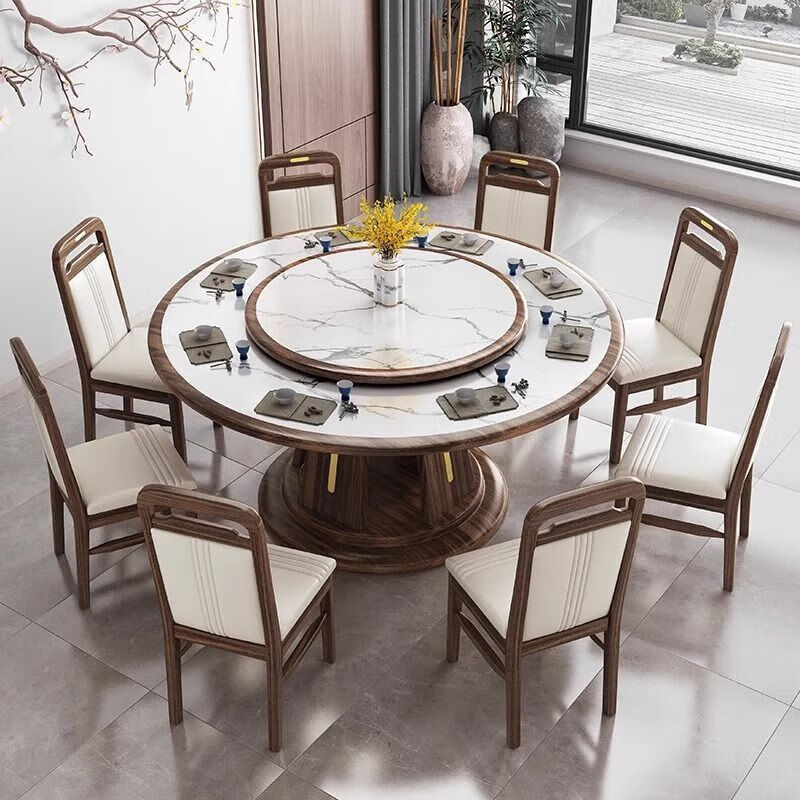 御巢盛2026新款全实木大圆桌新中式岩板餐桌椅组合豪华乌金木带转盘家用 实木皮椅+【实木转盘/岩板转盘备 80cm  1.3米餐桌配8椅【配转盘】