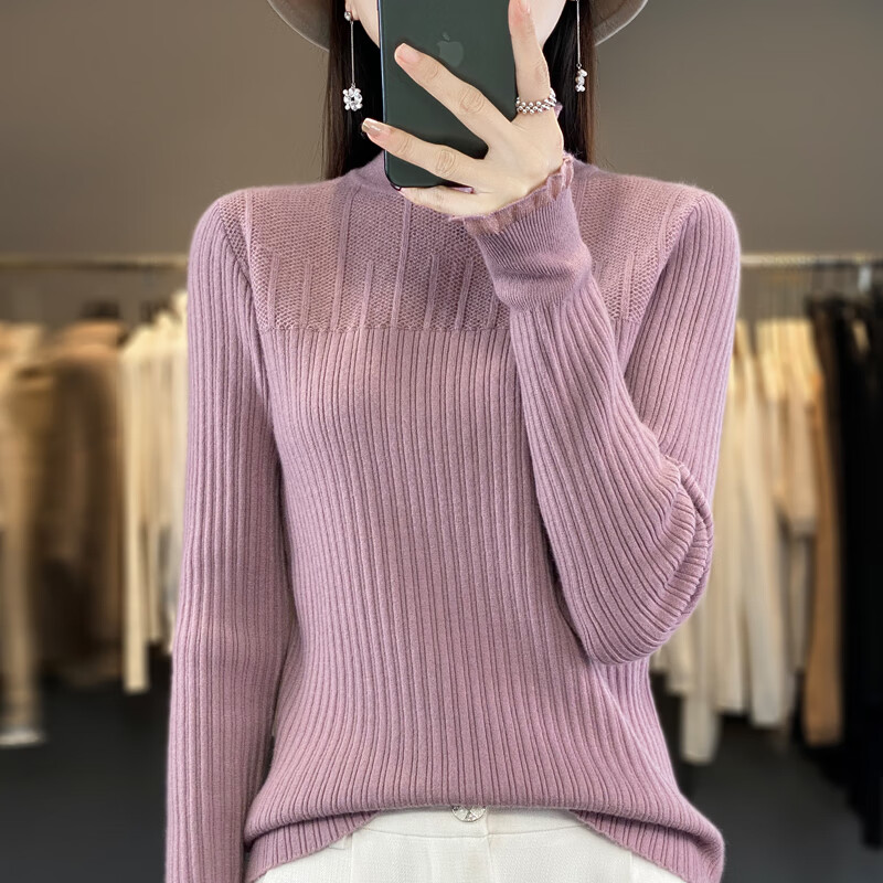 香影纯2025秋冬新款荷叶蕾丝花边半高领打底衫女长袖修身洋气内搭毛衣女 米色 S (建议95斤以内)