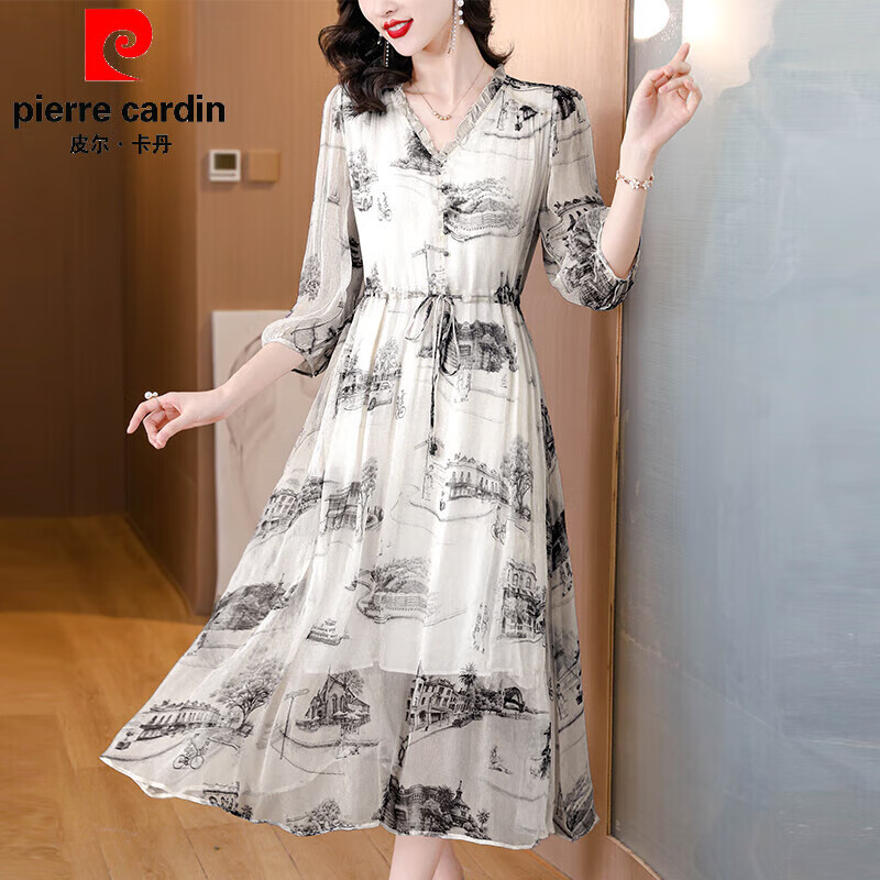 皮尔卡丹(pierre cardin)真丝连衣裙女100%桑蚕丝女士高档装轻奢国风