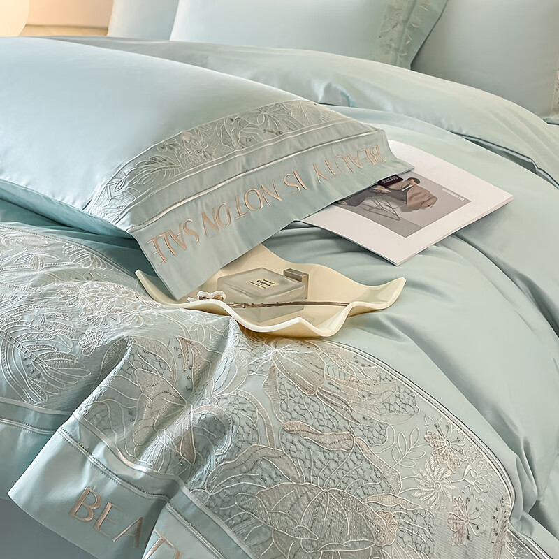 水星系列家纺高端A类120支长绒棉四件套花卉刺绣被套全棉床单床笠轻奢床上用品 母婴级A类棉美拉德 床笠款 2.0m四件套被套220*240cm