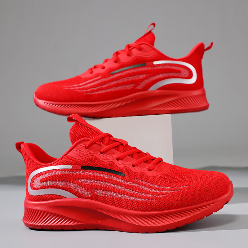 面鞋男本命年红色男鞋2024新款春季休闲运动网面潮流大码鞋子男 红色