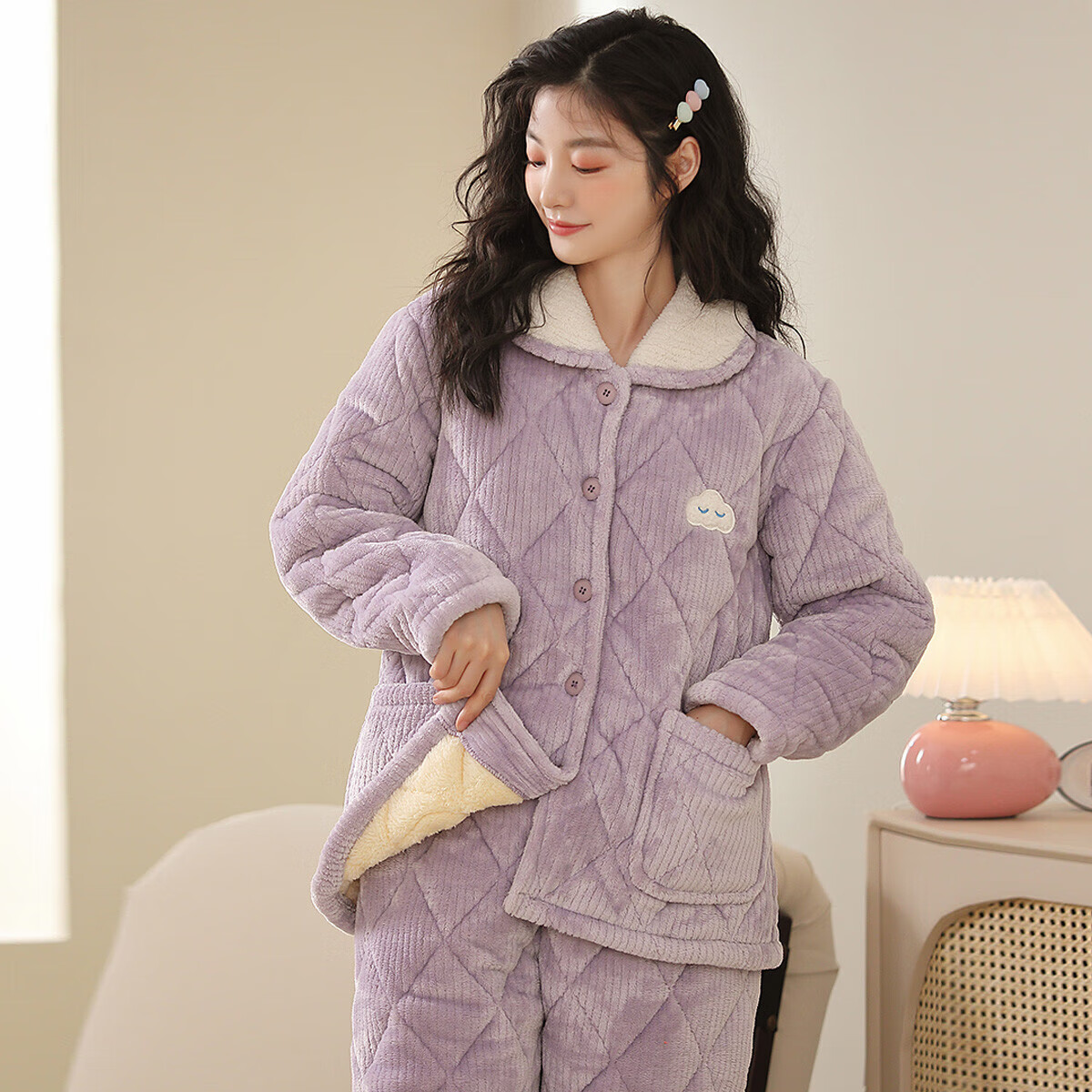 香蜜闺秀【三层夹棉加厚】暖冬可外穿长袖开衫女士家居服棉服保暖睡衣套装 丁香紫 L