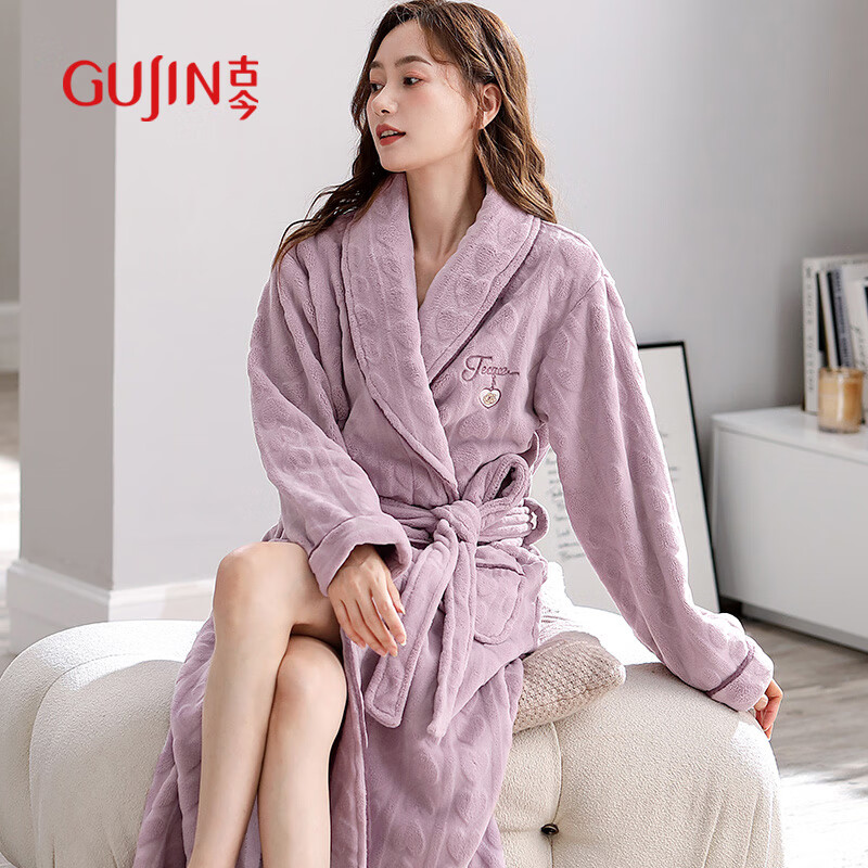 古今（GUJIN）珊瑚絨睡袍女秋冬季長款睡衣加厚浴袍保暖浴衣法蘭絨可外穿家居服