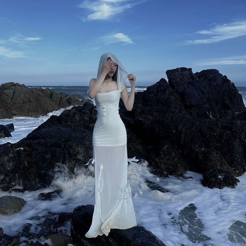 知特(zhite)仙气飘飘的裙子仙女裙 浪漫网纱拼接露肩连帽连衣裙女