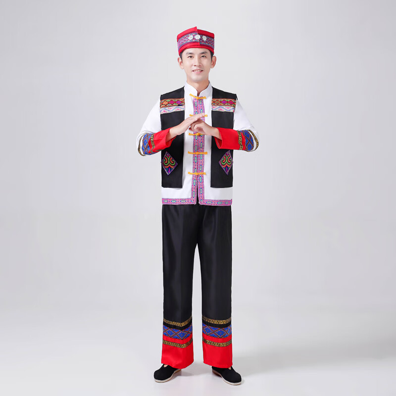 綴櫻苗族服裝男廣西壯族少數(shù)民族成人三月三演出服舞蹈服裝苗族傣族 男款白色上衣黑褲子黑馬甲+帽子 170cm