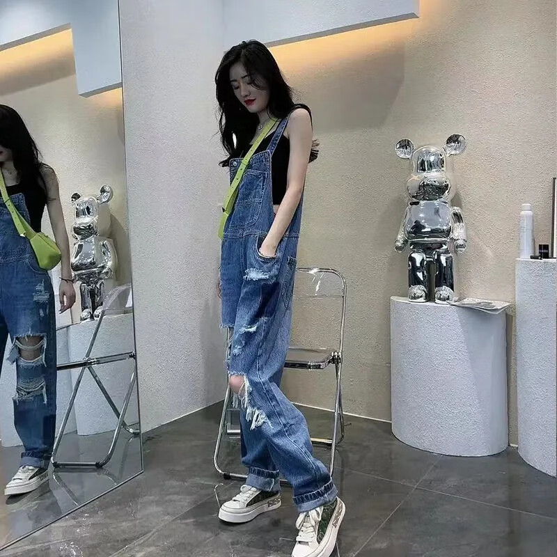 怡品堂牛仔破洞背带裤女年夏季薄款新款宽松直筒阔腿裤 破洞蓝色款 xs