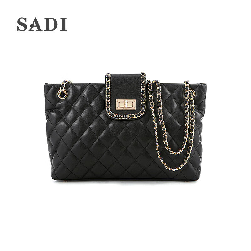 sadi萨迪包包女单肩包大容量女包百搭菱格链条包头层牛皮 黑色