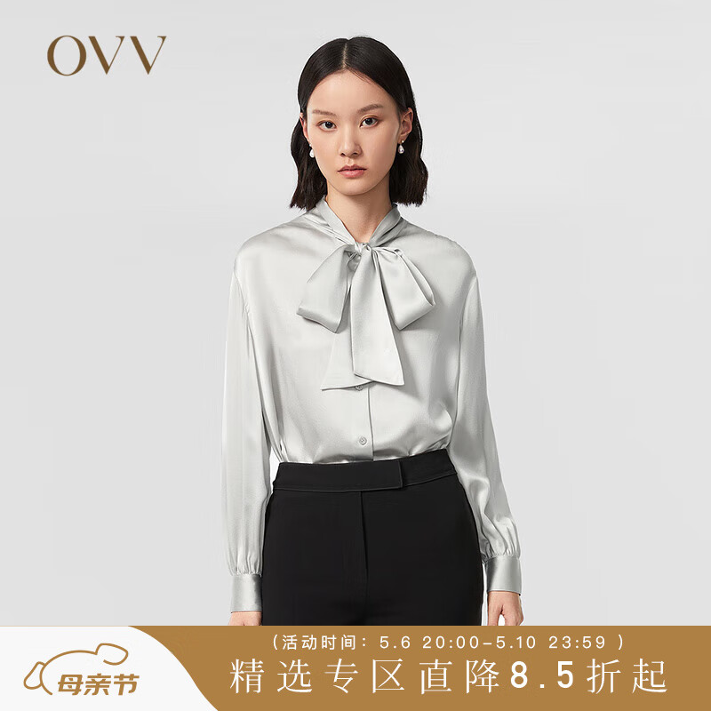 OVV【重磅真丝】OVV2022春夏新款女装20MM缎面绉泡泡袖飘带衬衫 银色11 M