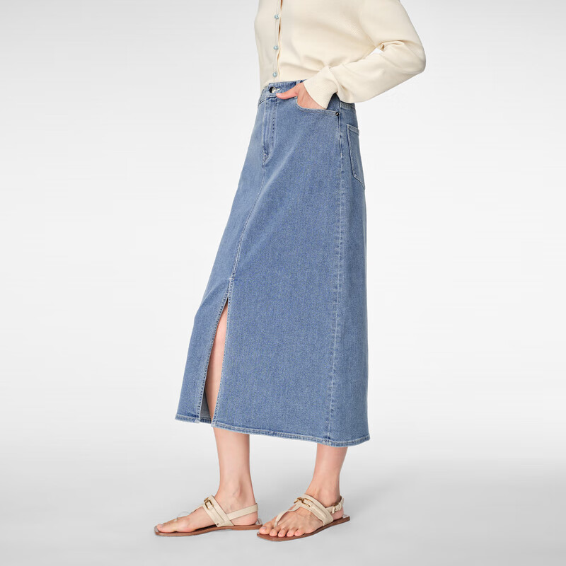 OVV2024春夏新款女装意大利进口面料简约A字开衩牛仔半身裙 蓝灰(净色)24 M