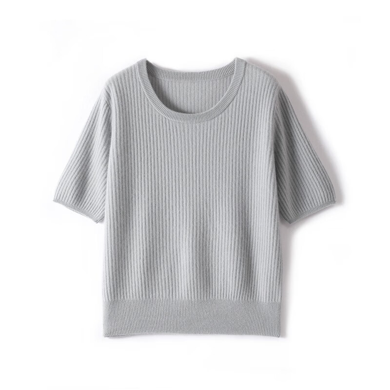 卾尔多市产羊绒衫女山羊绒23秋新款圆领短袖坑条薄款针织毛衣 丁香灰