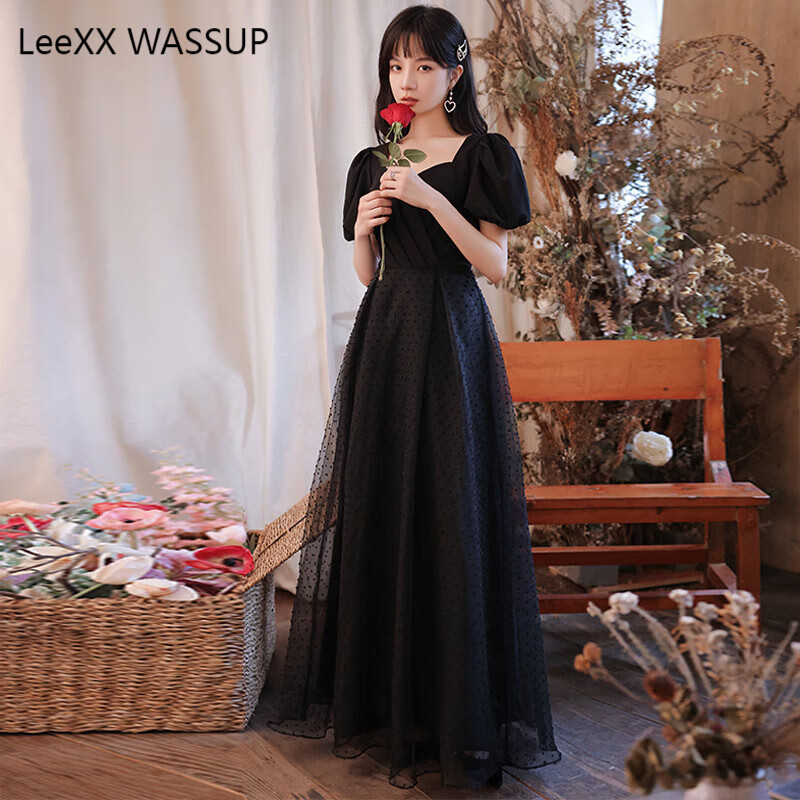 LeeXX WASSUP钢琴艺考小提琴演出服黑色晚礼服女2024宴会气质成人礼赫本风高端 黑色【长款】140裙长 L （当天发货）