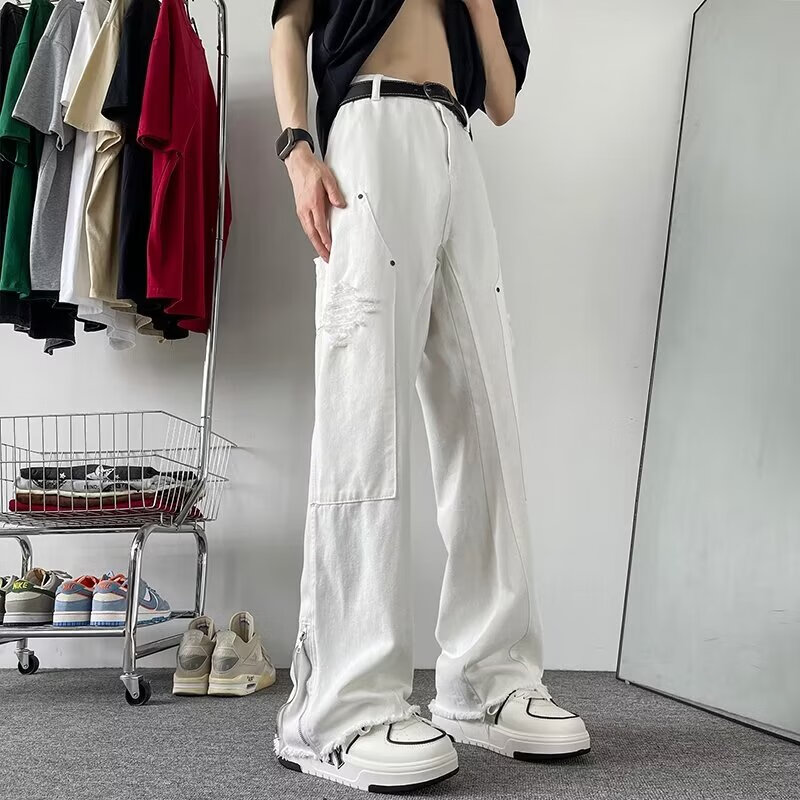 迪伽达裤子男春秋修身牛仔裤男美式vibe长裤痞帅开叉直筒休闲微喇裤男装 CHFS-C1062白色 常规 S 【建议90-105斤】