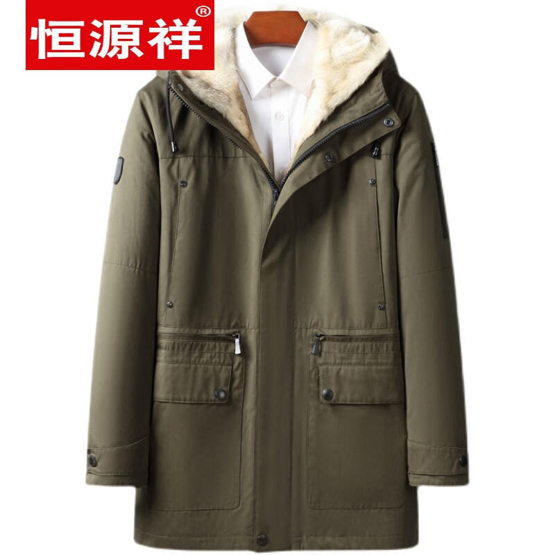 恒源祥冬季真皮郊狼毛內(nèi)膽男士皮毛一體皮草派克服大衣連帽戶外保暖外套 軍綠色 2XL