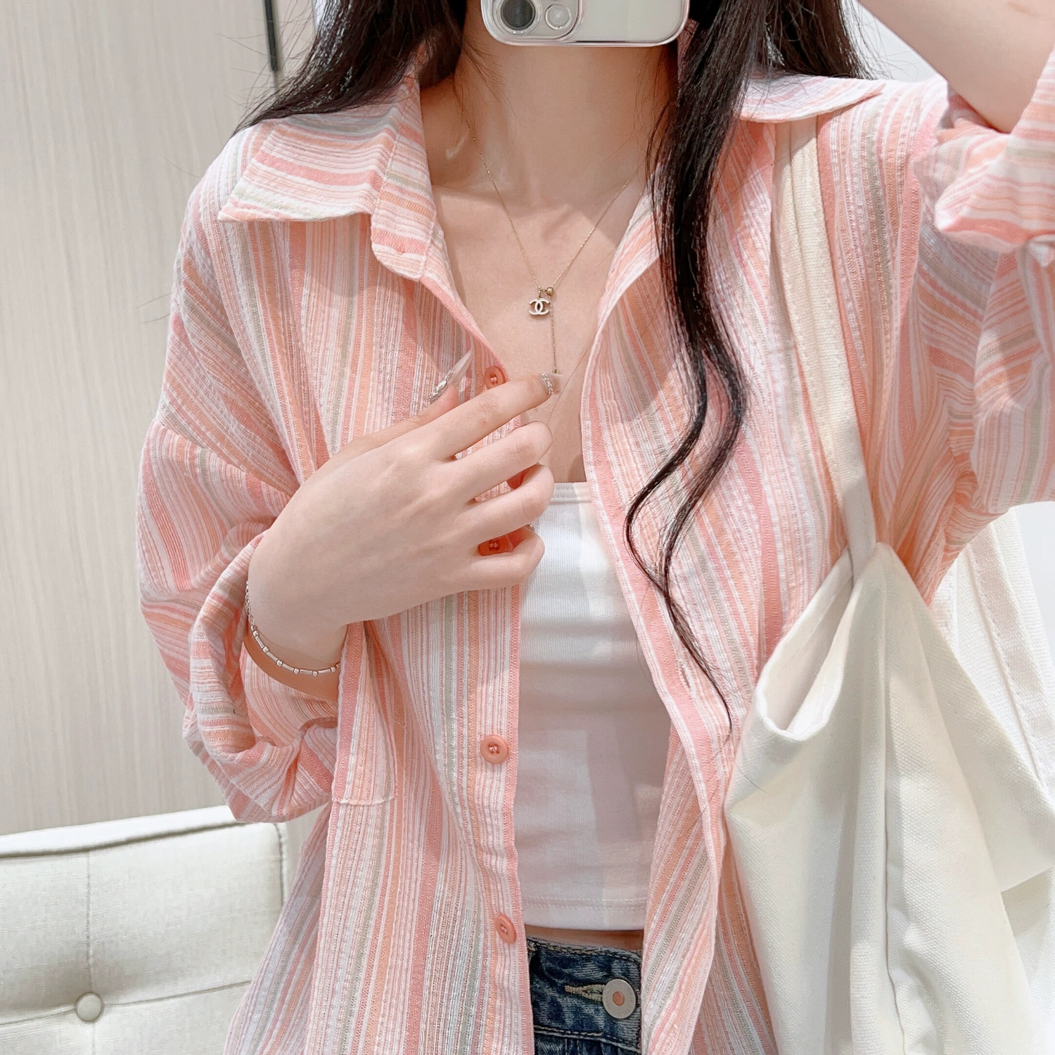 条纹棉麻衬衫女春夏季设计感休闲宽松防晒长袖衬衣薄款上衣外套潮 橘色条纹 L （135-160斤）