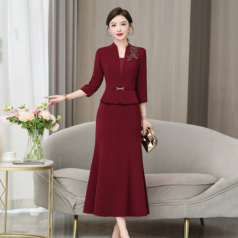 米詩(shī)德五一喜婆婆穿的高檔禮服春夏季新中式婚宴裝高貴媽媽長(zhǎng)款魚(yú)尾裙 紅色 XL 大碼