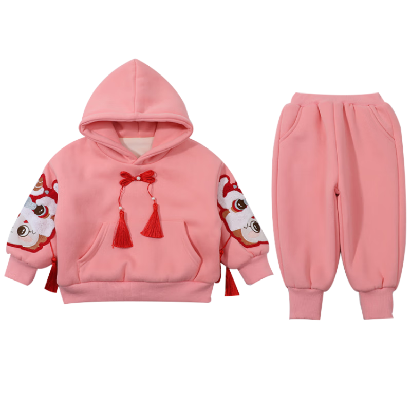 G.duck童装女童套装秋冬加厚保暖儿童卫衣裤拜年服新年服装中式周岁礼服 红色 100 (建议身高90cm 3-4岁)cm