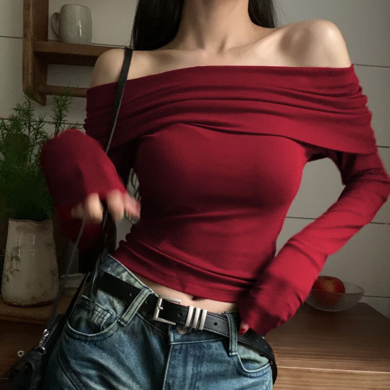tnwkjlc一字肩锁骨冰丝t恤女生修身新款春季纯欲气质复古百搭一字肩