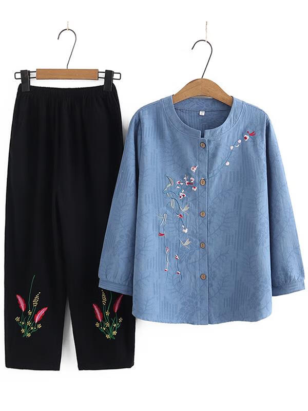 兰铂丽斯奶奶套装春秋款长袖衬衫中老年人秋季女装衣服妈妈秋装上衣两件套 墨绿色 066款 5XL 建议150-165斤