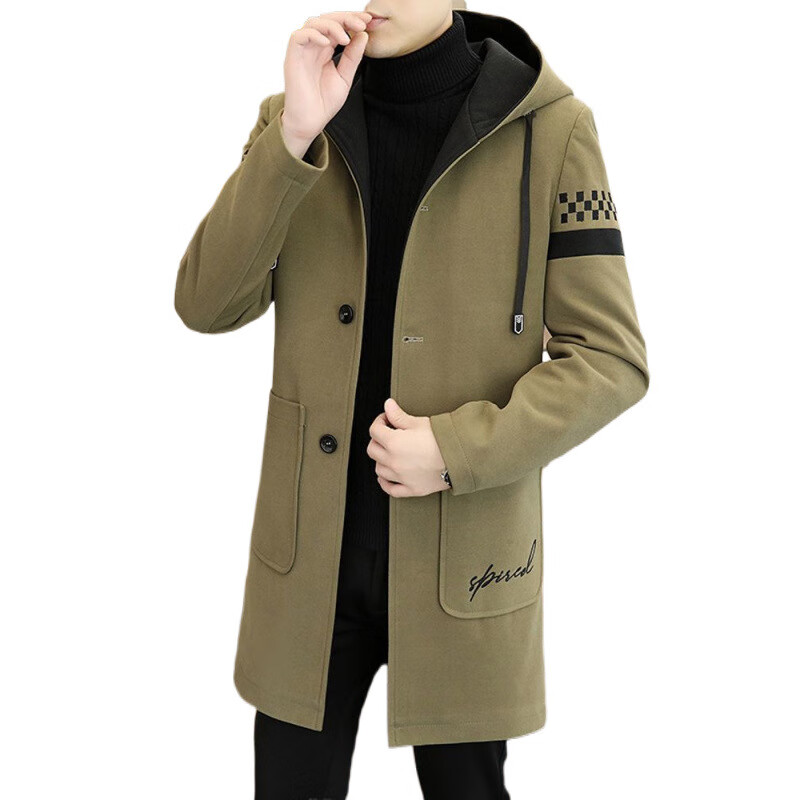 凯逸弗（kainifu）冬季加绒加厚风衣男中长款连帽潮流休闲韩版毛呢大衣外套 卡其色 M【90-110斤】