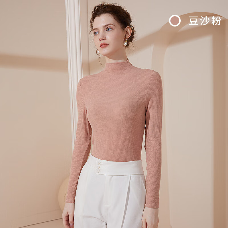 花西雪秋季女士半高领打底衫纯色显瘦长袖t恤上衣女 豆沙粉 m