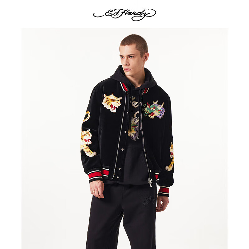 ed hardy埃德哈迪 2023冬季新款重工绣花复古棒球夹克棉服外套 黑色 s
