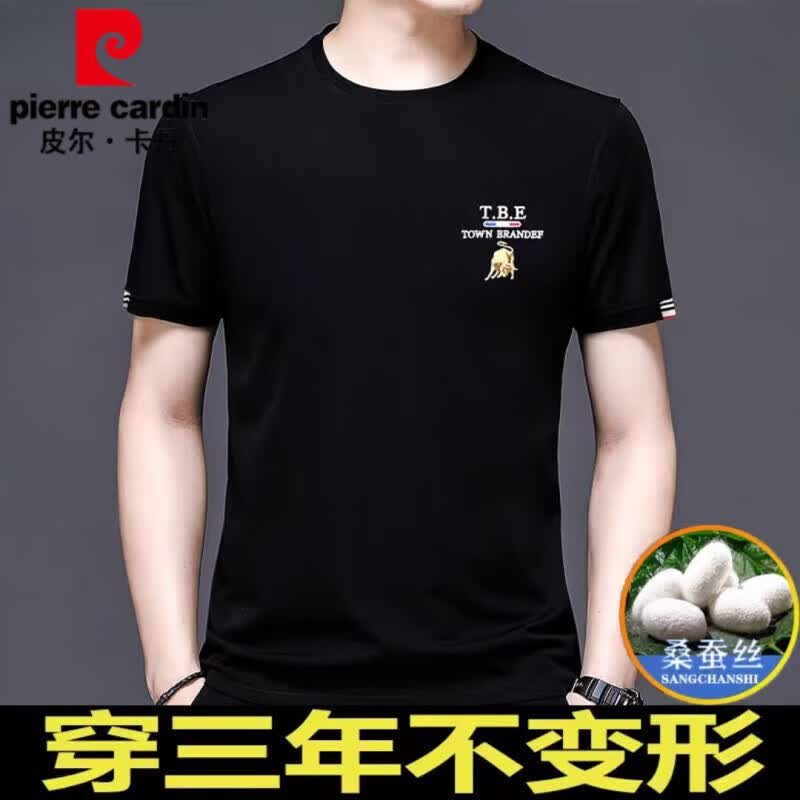 皮尔卡丹（pierre cardin）冰 丝短袖t恤男2026新款春夏季圆领修身薄款桑蚕丝体恤衫潮 黑色19360款 XL 175  【135斤-155斤】