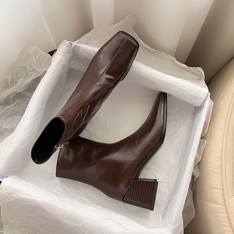 赞齐情(zanqiqing)无鞋带马丁靴女简约色短新款质感马油牛皮粗跟方头