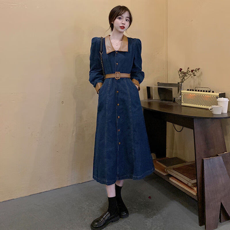 恬钦过年服成人女收腰复古单排扣牛仔连衣裙气质显瘦过膝长 图片色