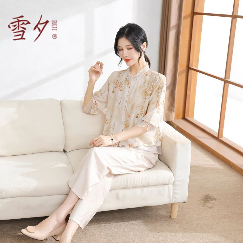 雪夕(xuexi)妈妈夏装2024新款短袖小衫洋气中老年薄t恤女母亲节礼物