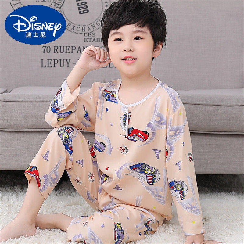 迪士尼（Disney）夏季儿童绵绸睡衣男孩女童空调服薄中长袖棉绸宝宝套装家居服 双长跑车 XXL码数建议穿170cm