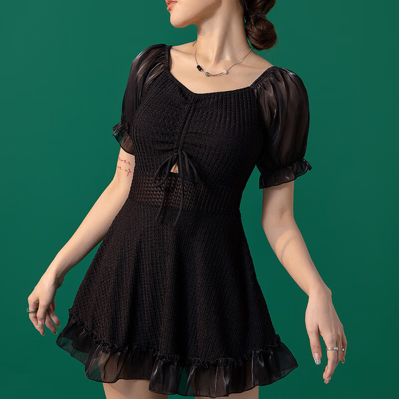 萱清娜品牌泳衣女2024款保守显瘦甜美纯色连体泳衣温泉度假聚拢游泳衣