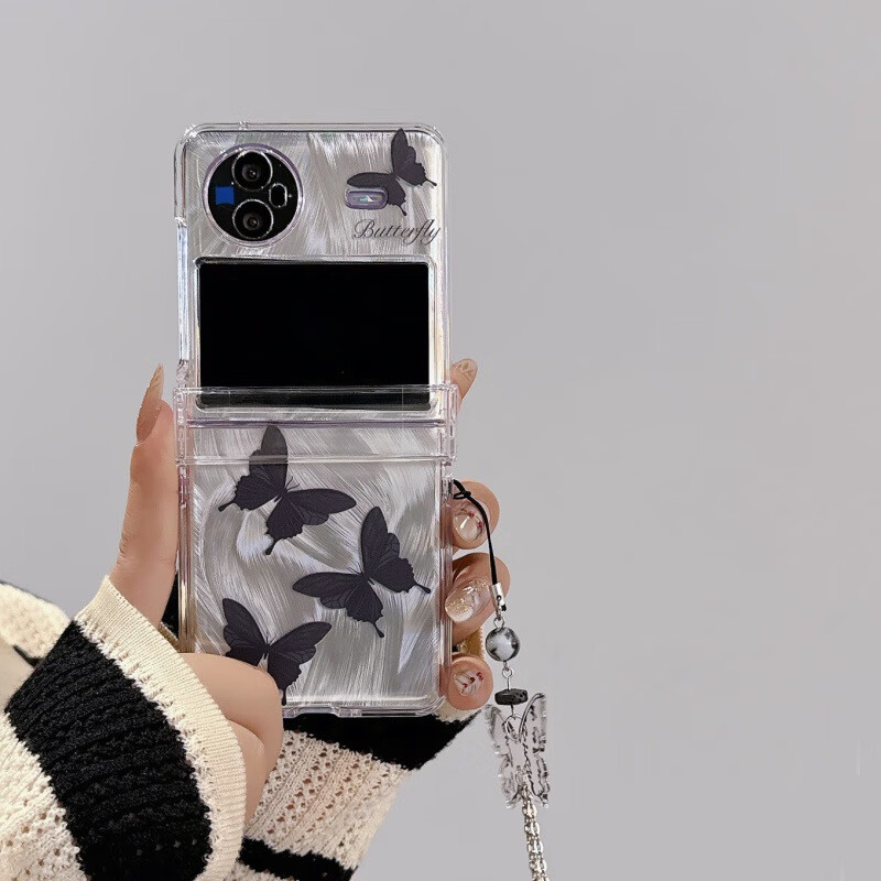 适用oppofindn2flip手机壳摩托罗拉razr50ultr 黑色蝴蝶 镭射纸 手链