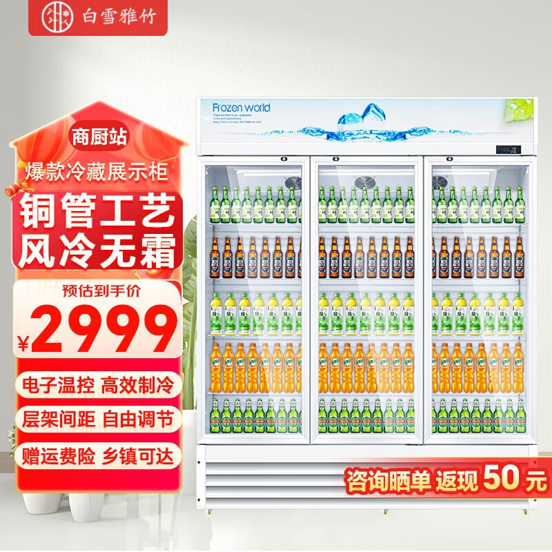 白雪雅竹展示柜冷藏大容量饮料柜冰柜商用保鲜柜超市玻璃门冰箱立式