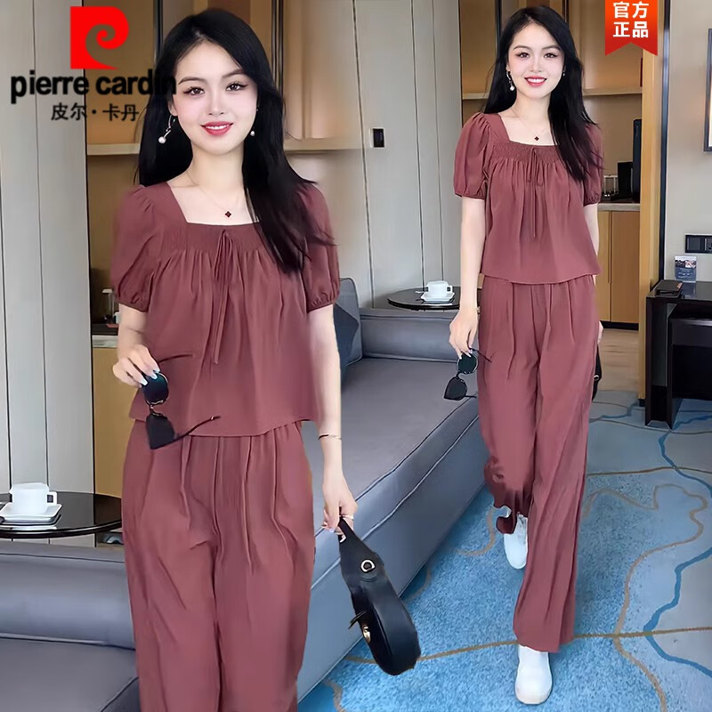 皮爾卡丹（pierre cardin）小個子時尚休閑冰絲套裝2024夏季洋氣雪紡上衣顯高闊腿褲兩件套針 復(fù)古紅套裝 L-【112-122斤】