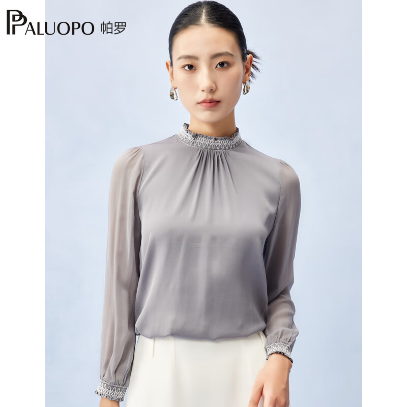 帕罗（PALUOPO）19姆米弹力双乔夏女士真丝长袖t恤荷叶领褶皱重磅木耳边缎面衫 蓝灰色 M (160/84A)