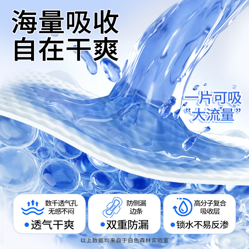 白森林（white forest）茶多酚悬浮卫生巾轻薄透气量大防侧漏无感不闷姨妈巾日夜组合 1护3日1夜1加长【共65片】+湿巾35片