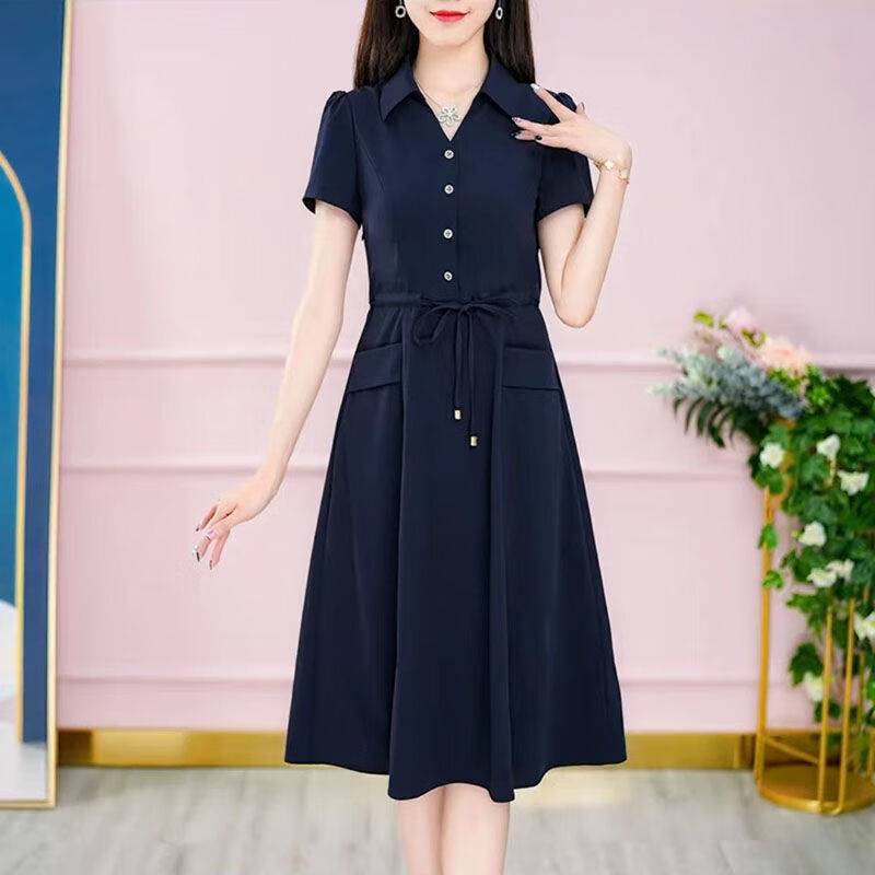 珈岑成熟气质女装夏季连衣裙长款中年洋气减龄短袖韩版修身遮肉 藏