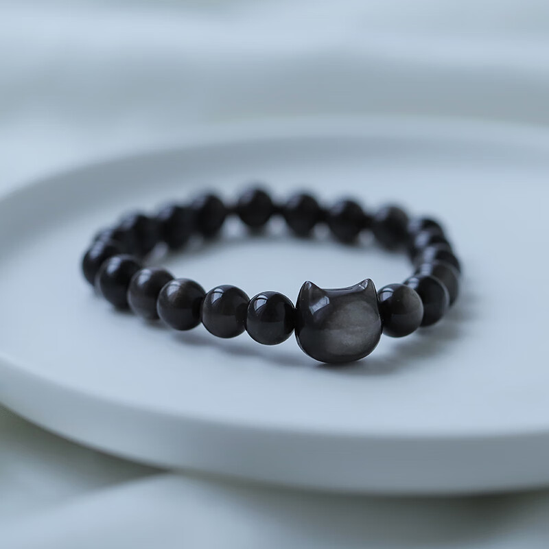 芳北怡天燃银曜石猫咪猫头黑曜石手串520情侣手链男女款甜酷情人节