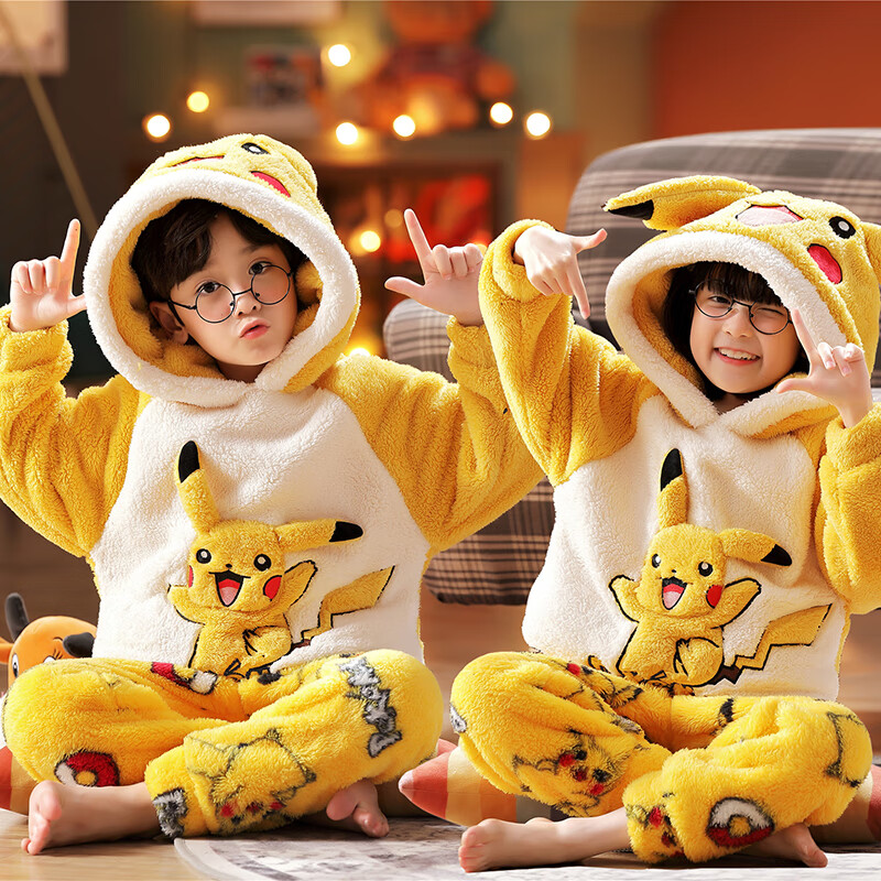 萧淑妃冬季卡通法兰绒儿童睡衣加厚保暖珊瑚绒一家四口亲子家居服套装 皮卡丘 女童12码 100-120CM/48斤左右