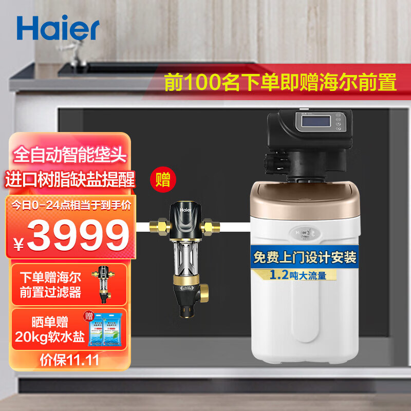 海尔（Haier） 中央软水机 家用全屋净水器套装 全自动除垢软化水质净水器自过水过滤器饮水机 HSW-WS6(B)1.2T经济实用款