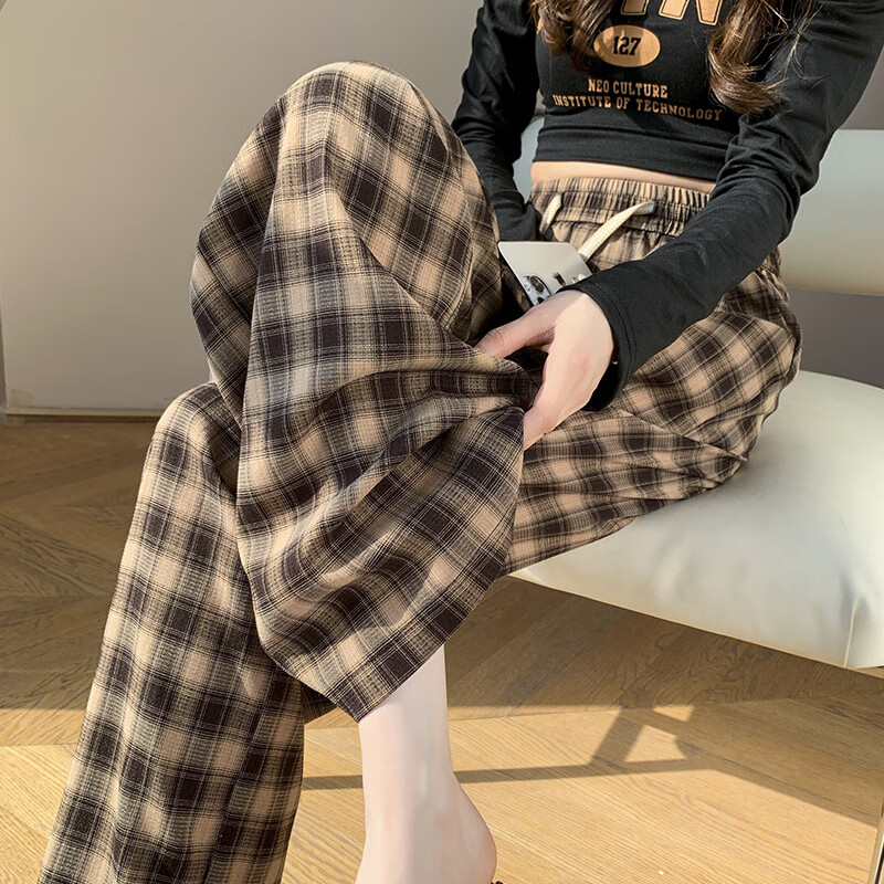 冪芫美拉德格子闊腿褲女春秋2025新款美式窄版垂感高端直筒寬松拖地褲 咖啡格 2XL 135-150斤選