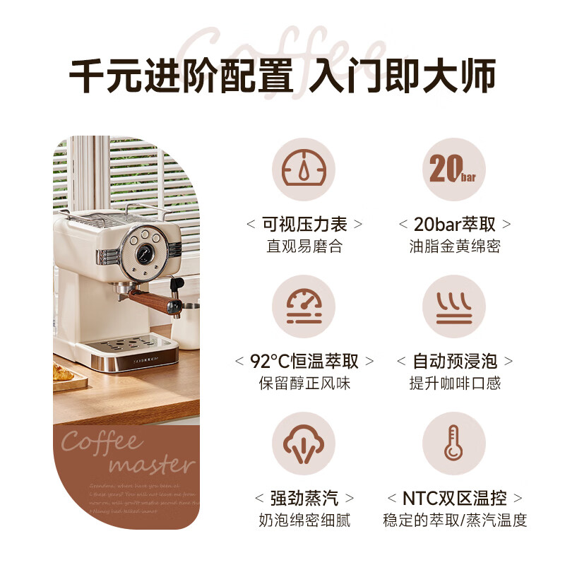 SCHNEIDER施耐德咖啡机意式半自动浓缩咖啡机 20Bar高压萃取蒸汽打奶泡复古家用 可视化压力表 【新手入门推荐】意式咖啡机