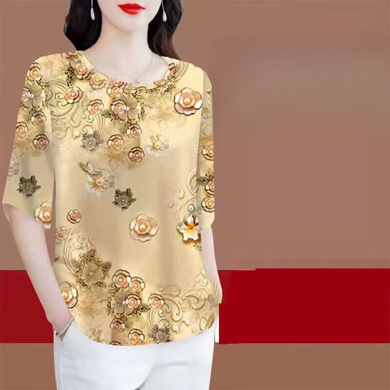 蒂洛缇娜夏季新款妈妈装宽松上衣女遮肚显瘦外穿七分袖T恤打底衫 浅黄色 L 建议90-105斤