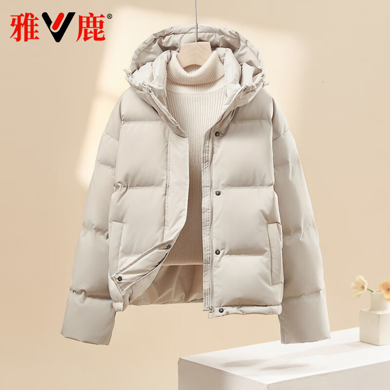 雅鹿2025新款羽绒服女冬季厚款短款保暖连帽时尚流行品牌面包服外套潮 米白 XL 建议140-170斤