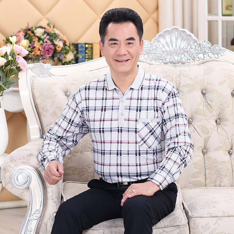 喵畅春秋款格子长袖爸爸秋40-50岁2018新款秋装衣服中年长袖t恤中老年