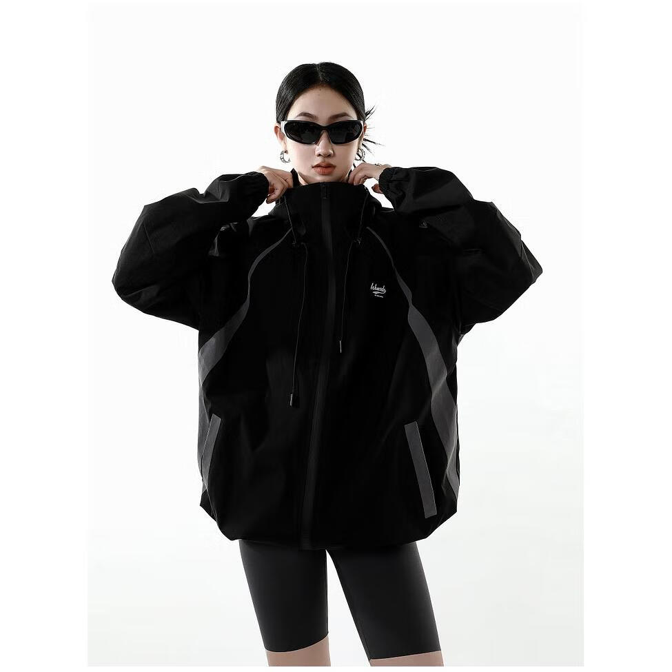 ICH MODE户外登山拼色冲锋衣女2026年春秋美式高街撞色国潮外套 黑色 春秋款 S
