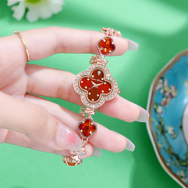 Create Road幸运四叶草女士手链式手表轻奢时尚简约镶钻学生石英送女友礼物 胭脂粉【送礼盒+手镯】